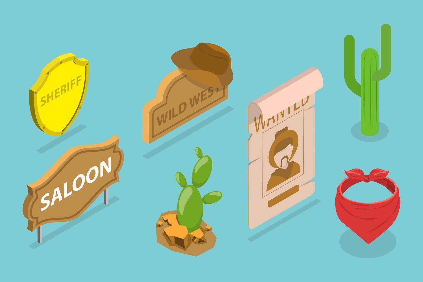 3D Isometric Flat Set of Wild West Attributes, Vintage Accessories vector