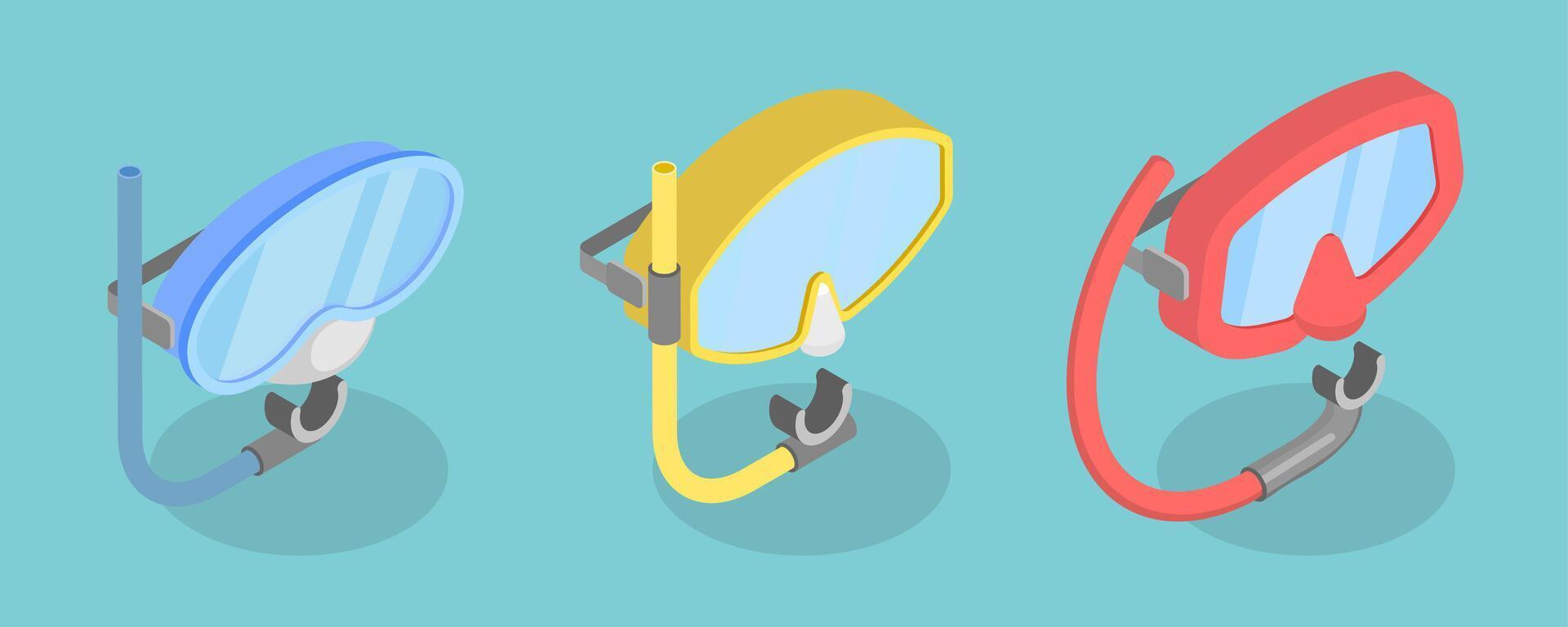 3D Isometric Flat Set of Dive Glasses, Scuba Diving Equipment vector