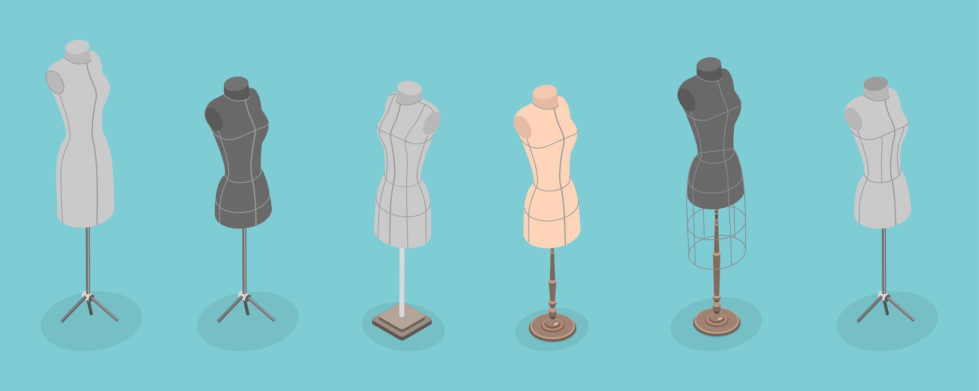 3D Isometric Flat Set of Tailors Mannequins, Fashion Design and Dressmaking vector