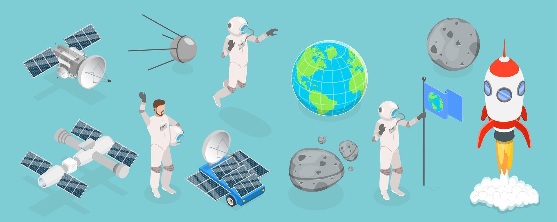 3D Isometric Flat Set of Space Elements, Items Space and Universe Exploration vector