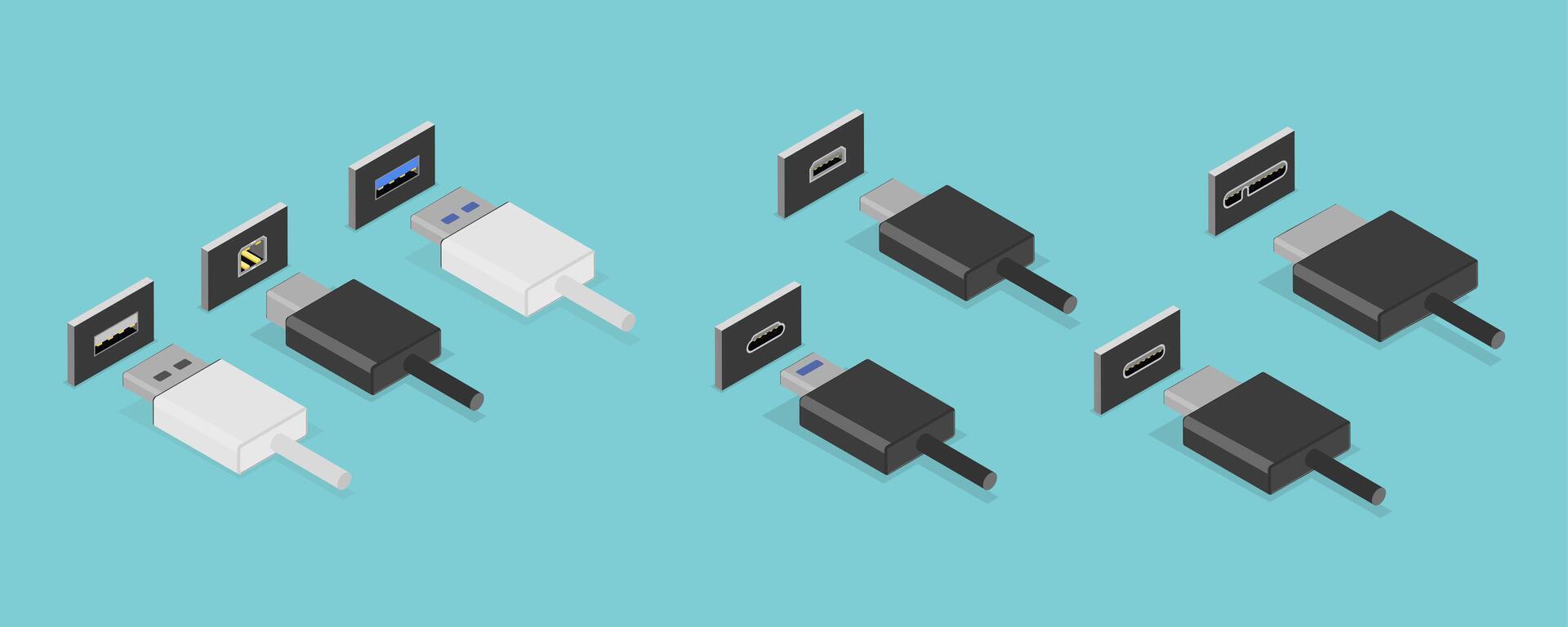 3D Isometric Flat Set of USB Types, Socket Plug in vector