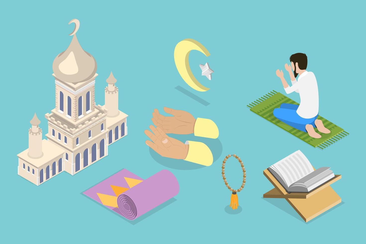 3D Isometric Flat Set of Muslim Islam Items and People, Religion Element vector