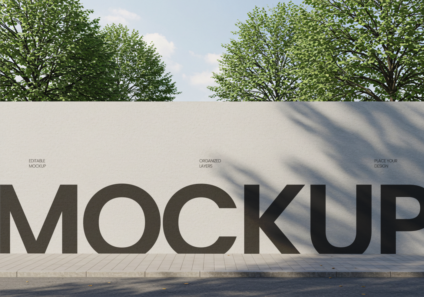 Street Billboard Mockup with Front Angle View, Tree Shadow and four Trees Behind psd
