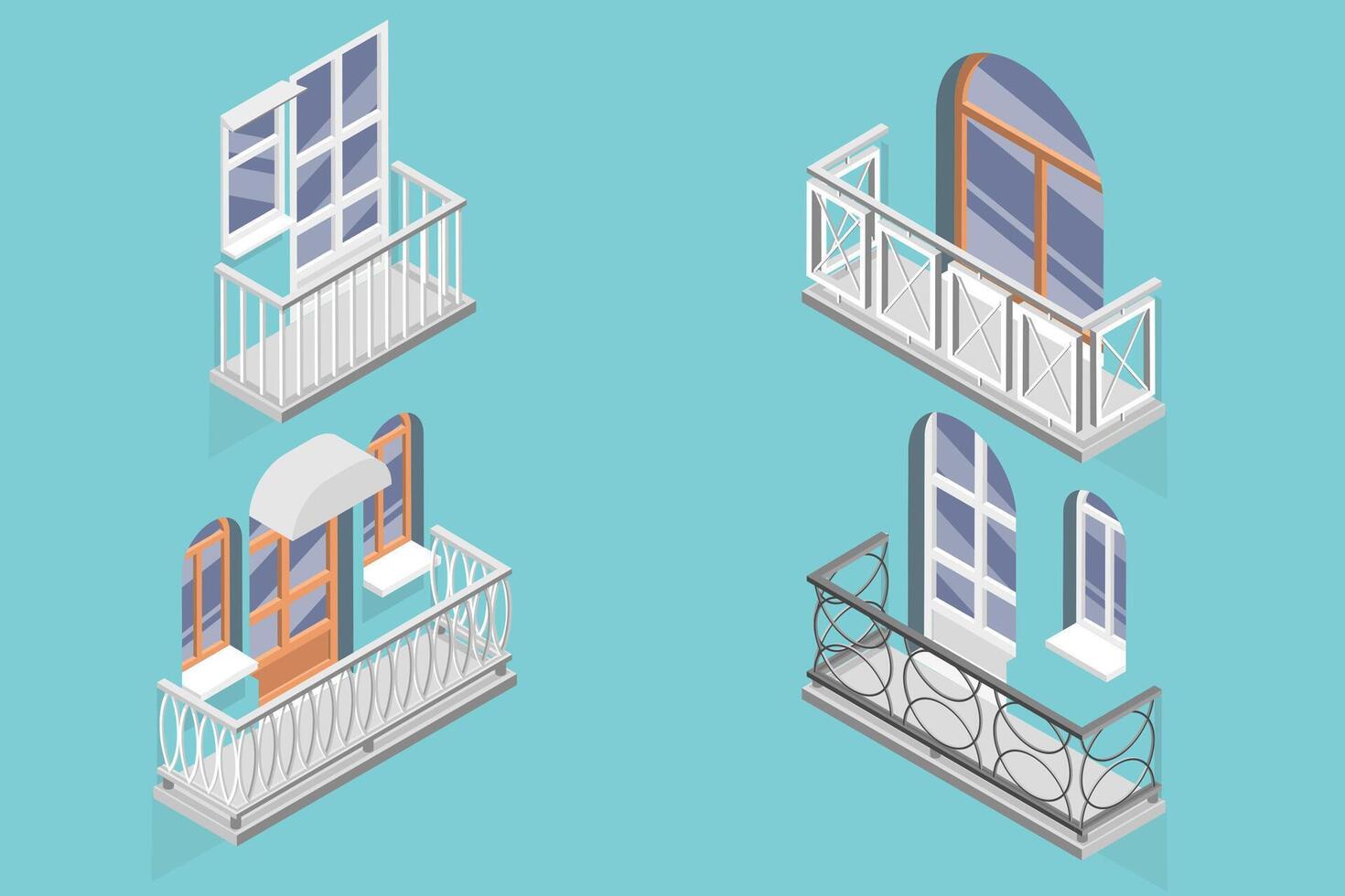 3D Isometric Flat Set of Balconies, House Facade vector