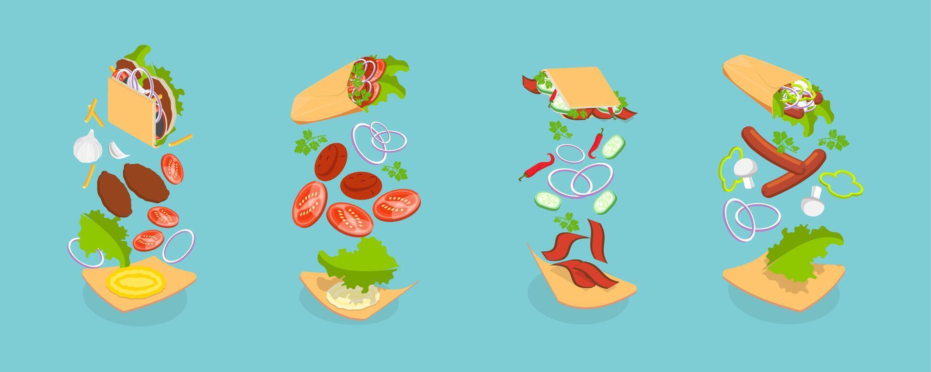 3D Isometric Flat Set of Shawarmas, Middle Eastern Food vector