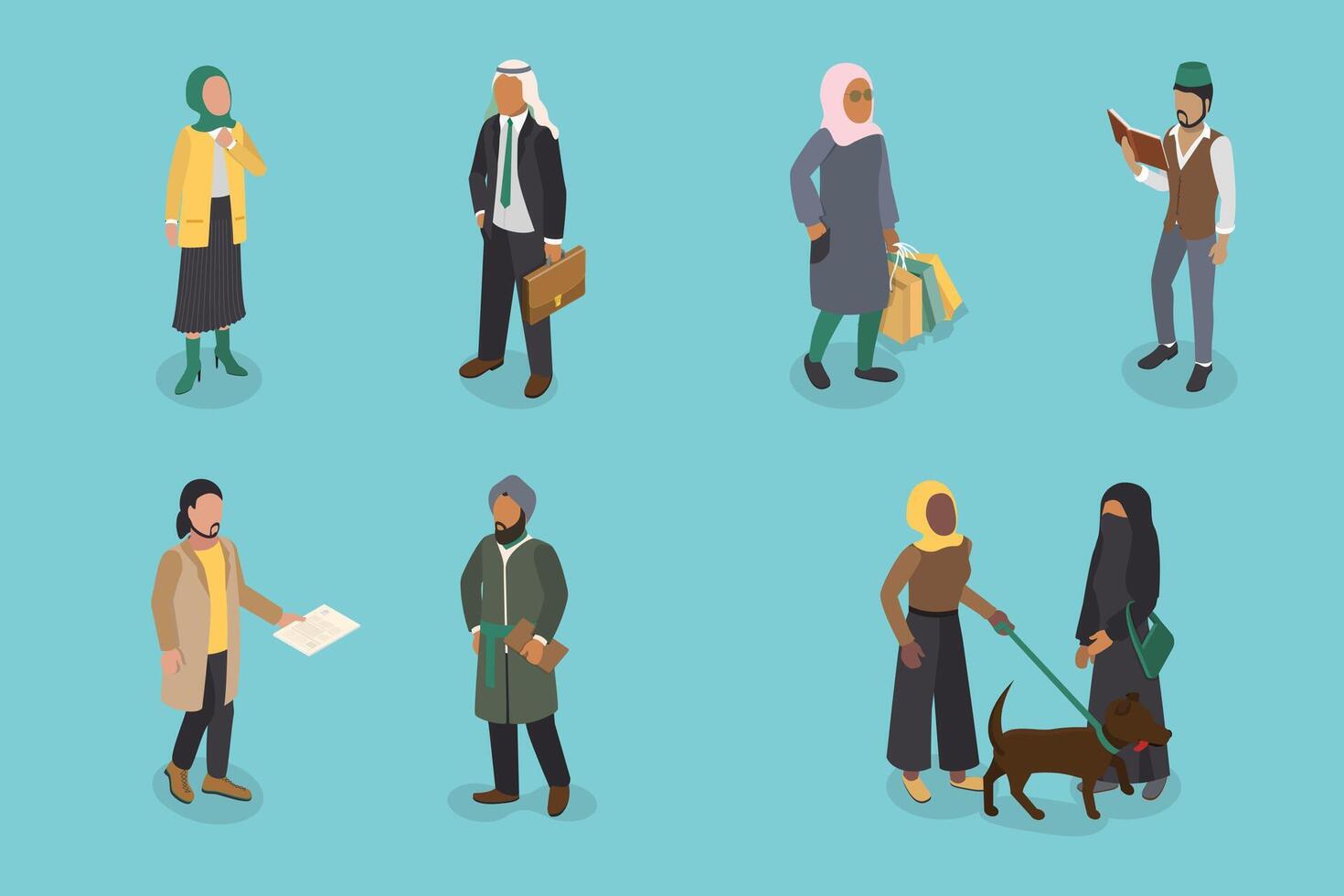 3D Isometric Flat Set of Muslim People, Different Classic and Modern Outfits vector