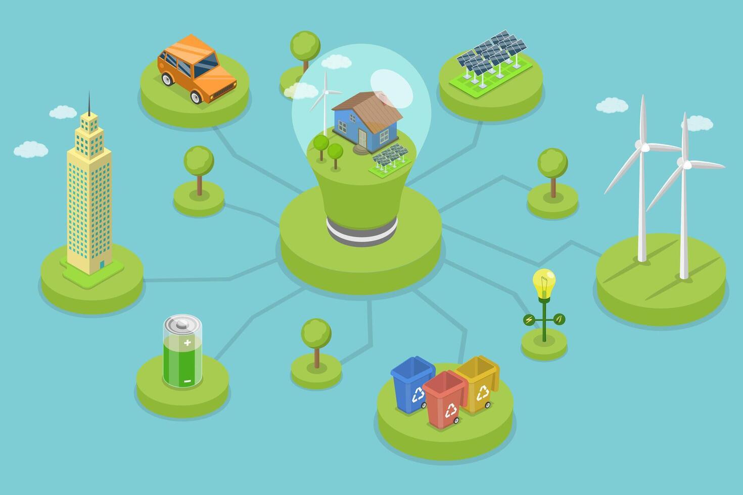 3D Isometric Flat Conceptual Illustration of Eco Technology, Green Electricity and Power Save vector