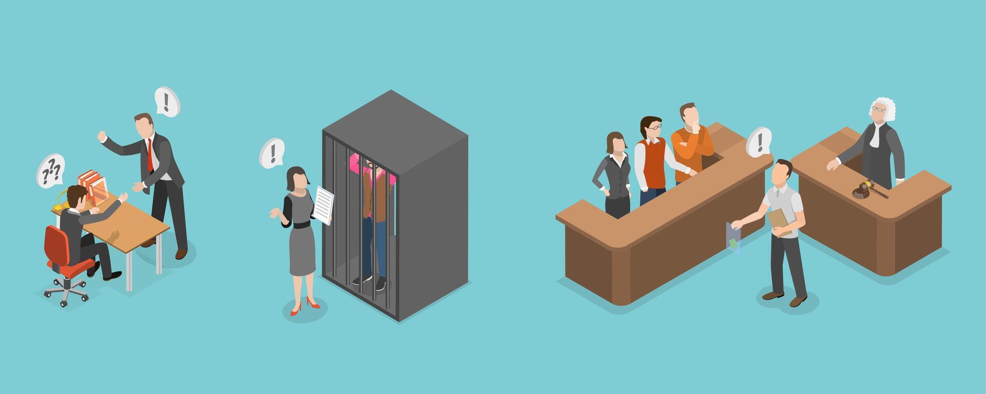 3D Isometric Flat Conceptual Illustration of Criminal Lawyer, Ppocessing Civil or Criminal Litigation vector