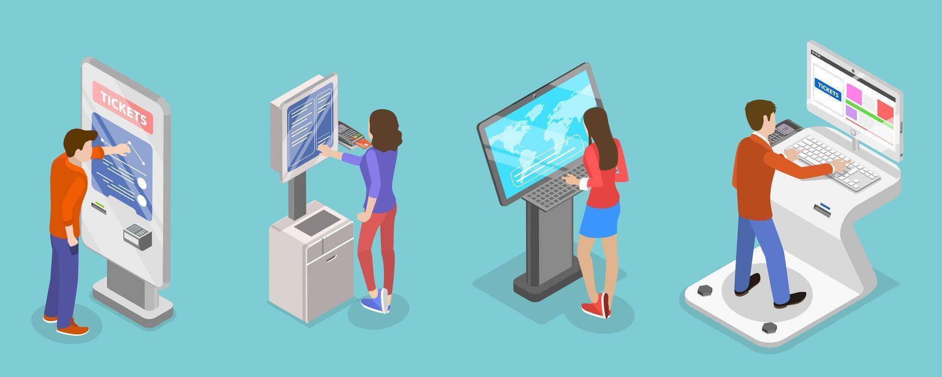 3D Isometric Flat Set of Ticket Kiosks, Self Service Terminals vector