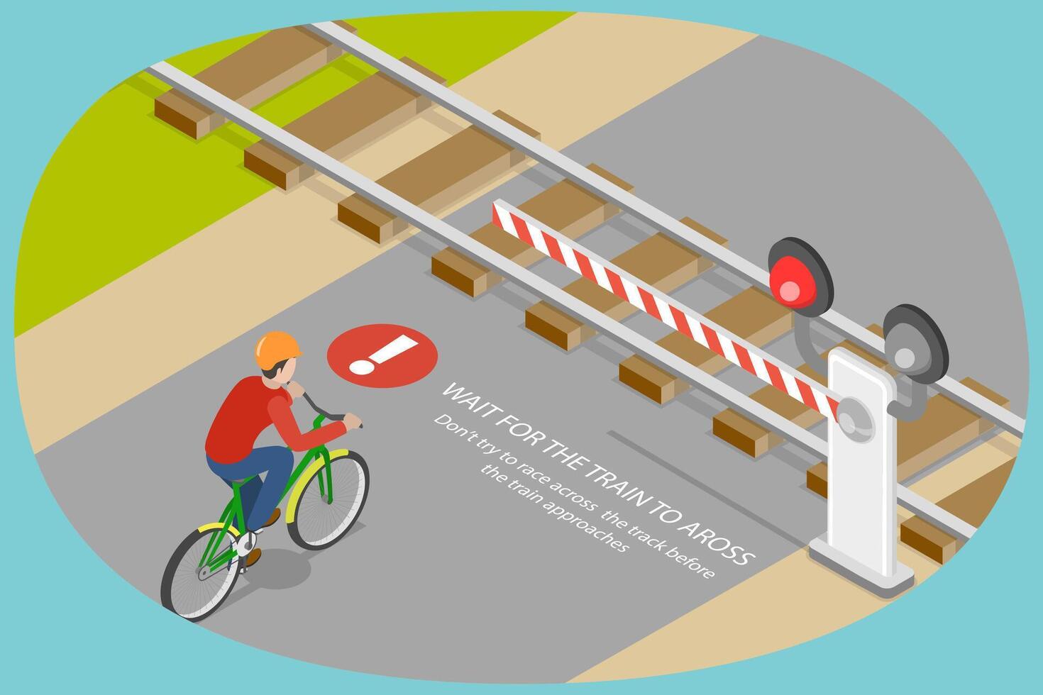 3D Isometric Flat Conceptual Illustration of Bicycle Riding Rules, Stop Before Approaching Train vector
