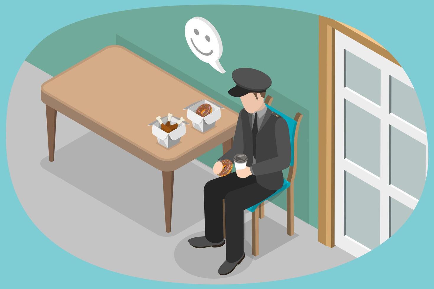 3D Isometric Flat Conceptual Illustration of Security Guard Having Lunch, Policemen in Uniform. vector