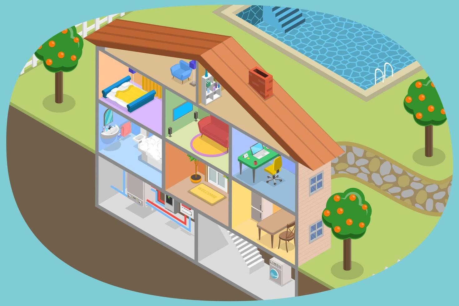 3D Isometric Flat Conceptual Illustration of Contemporary Energy Efficient House, Innovative Home Technologies vector