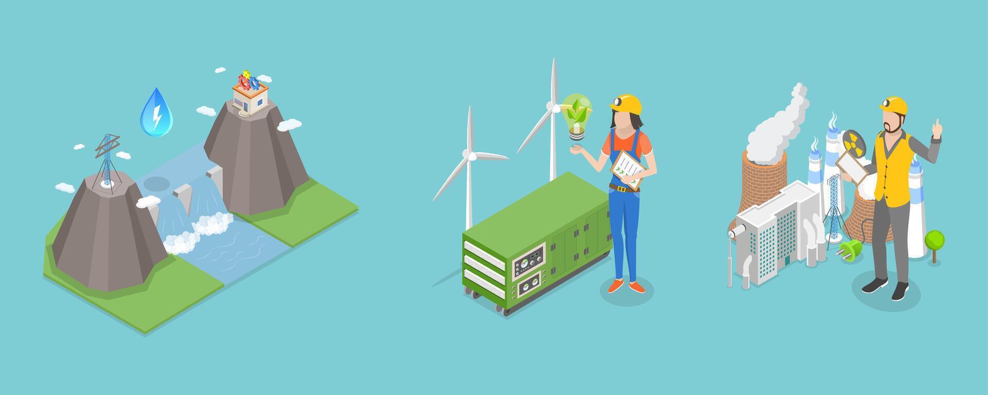 3D Isometric Flat Conceptual Illustration of Sustainable Energy Source, Power Plants vector