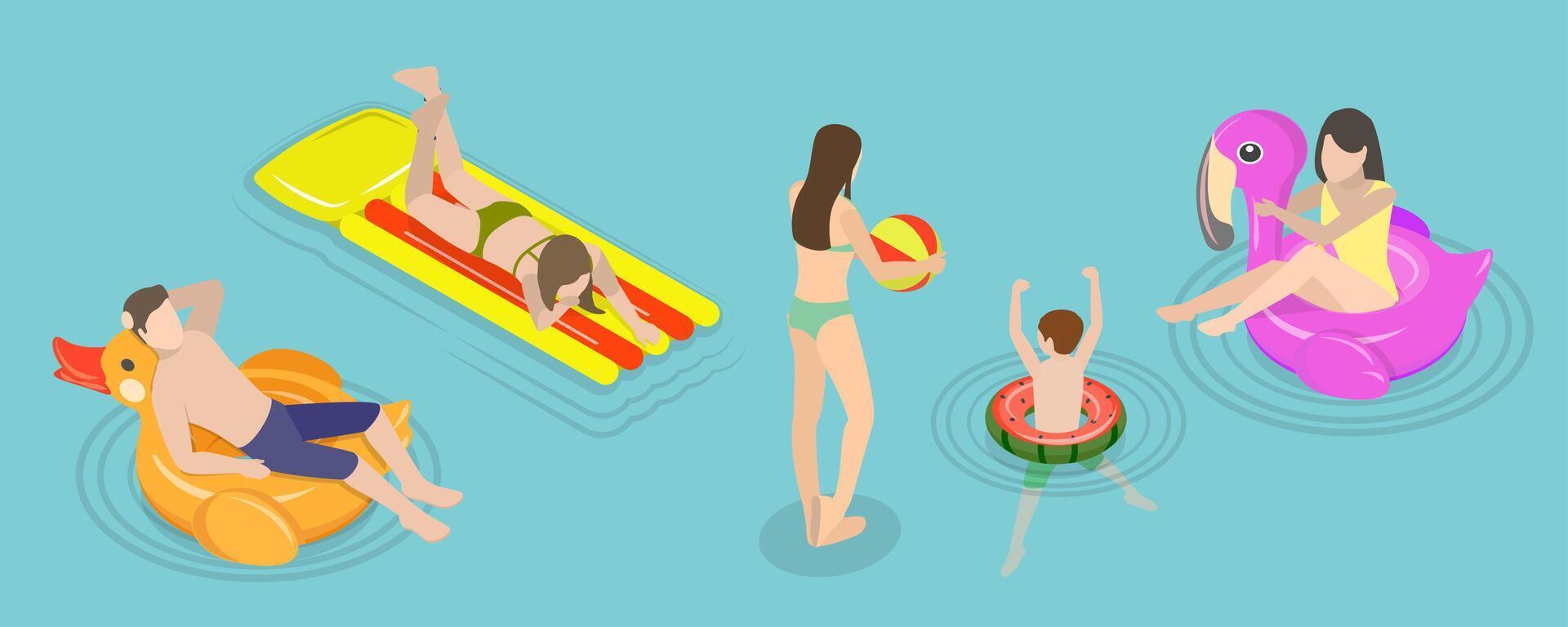 3D Isometric Flat Conceptual Illustration of Summer Pool Activities, Beach Resort Fun Time vector