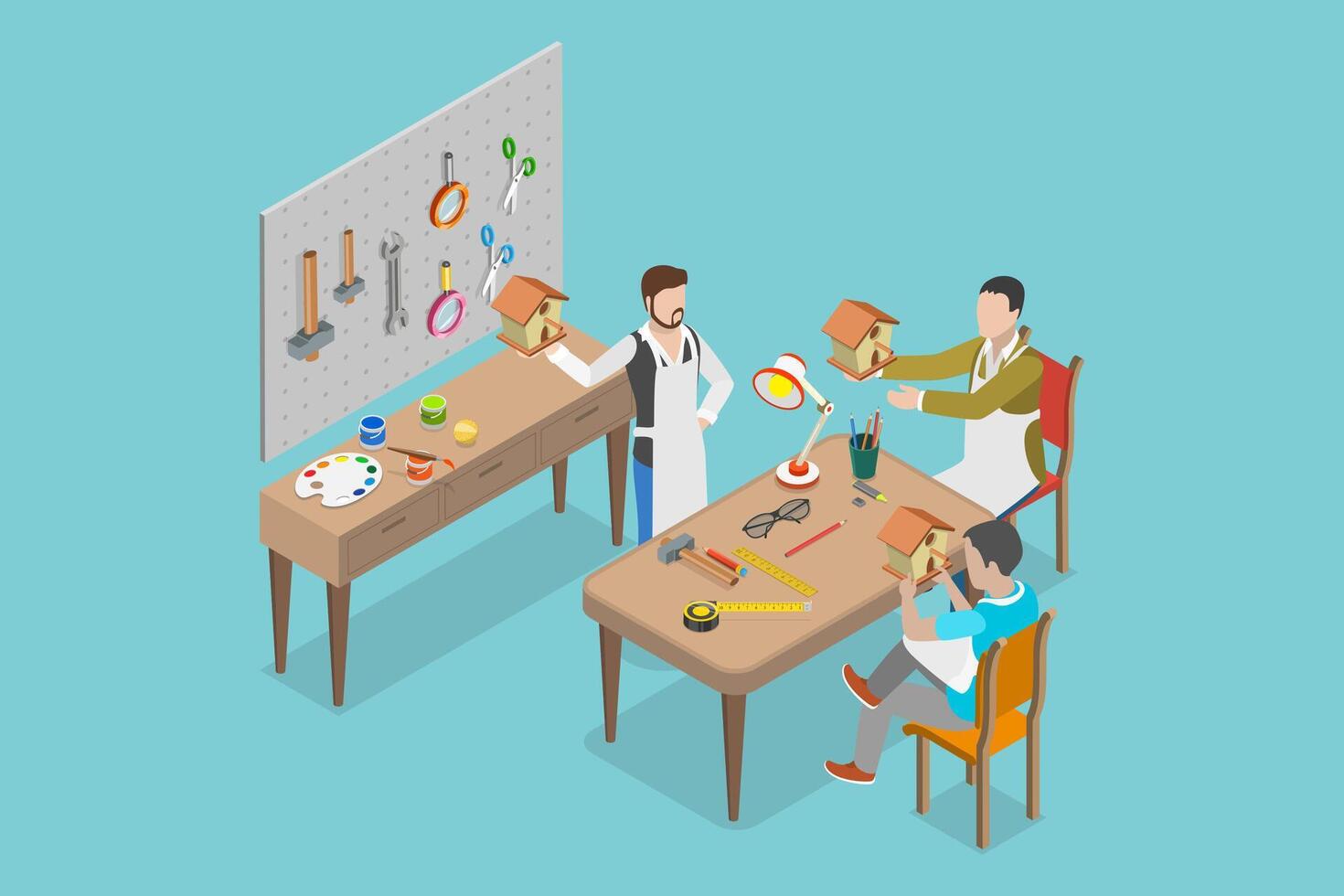 3D Isometric Flat Conceptual Illustration of Carpenter Workshop, Woodwork Studio vector
