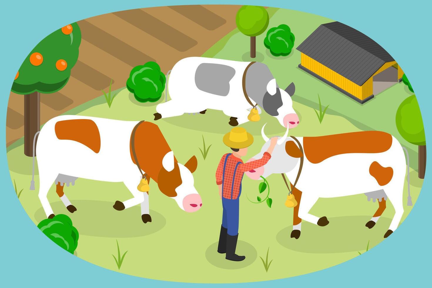 3D Isometric Flat Conceptual Illustration of Cow Farm, Rural Summer Landscape vector