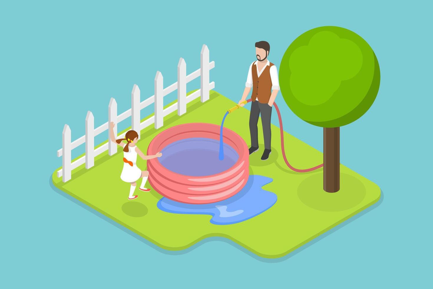 3D Isometric Flat Conceptual Illustration of Kids Backyard Pool, Having Fun Outdoors vector
