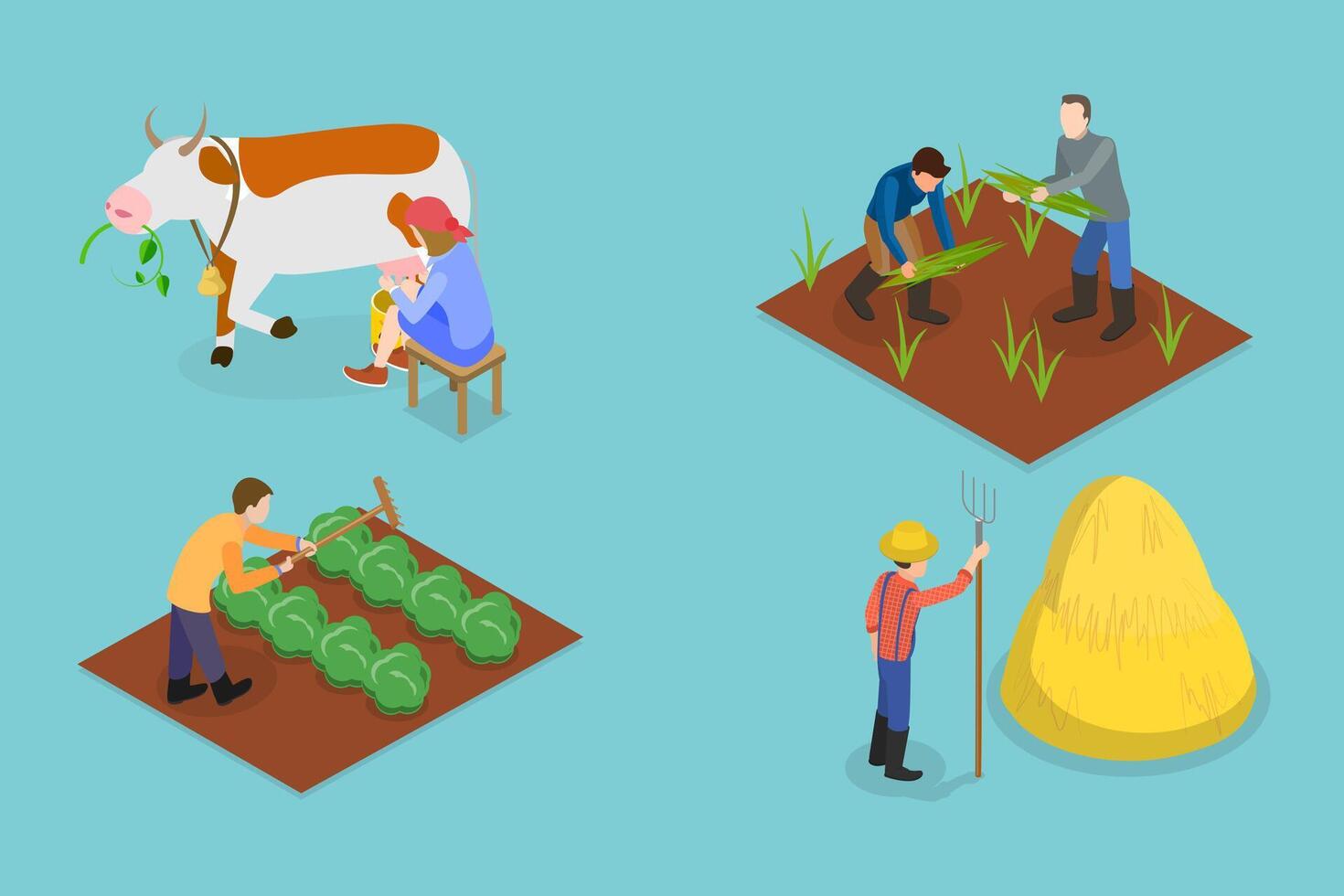 3D Isometric Flat Set of Farmers, Agricultural Workers vector