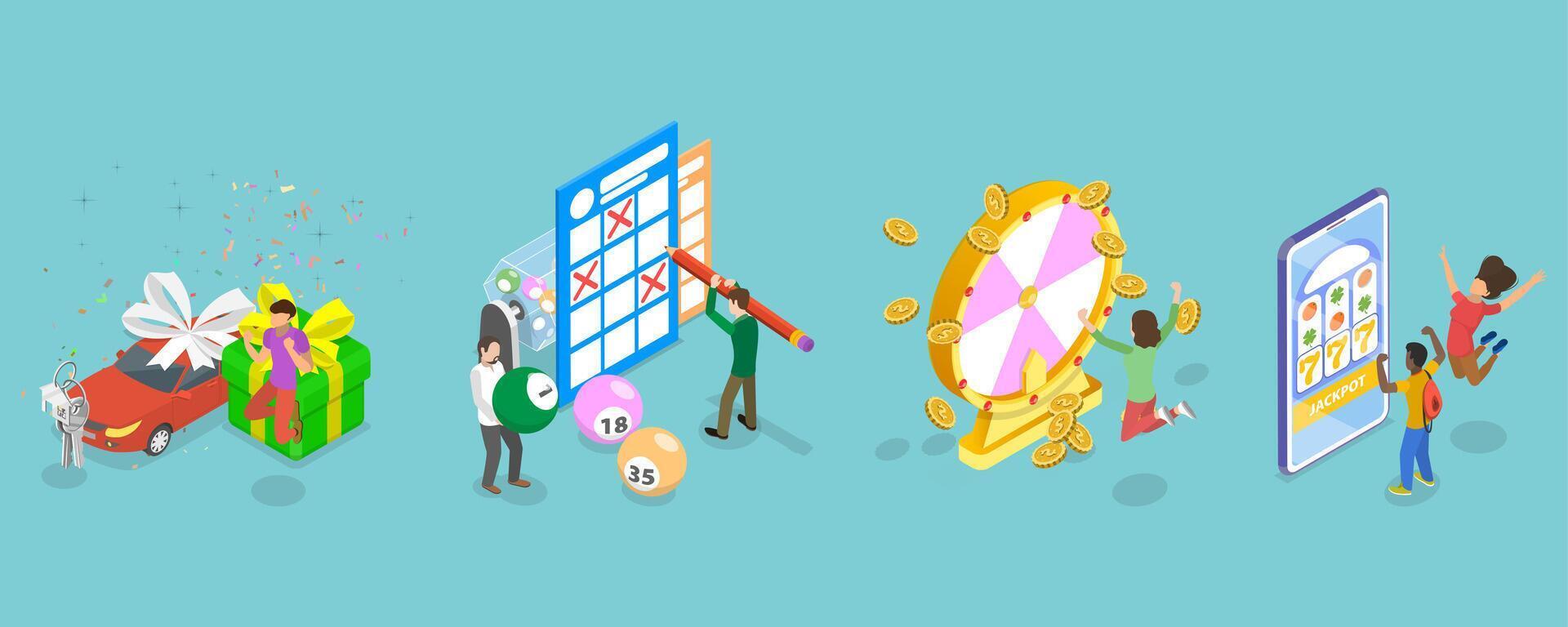 3D Isometric Flat Set of Lottery Winners, Luck and Fortune vector