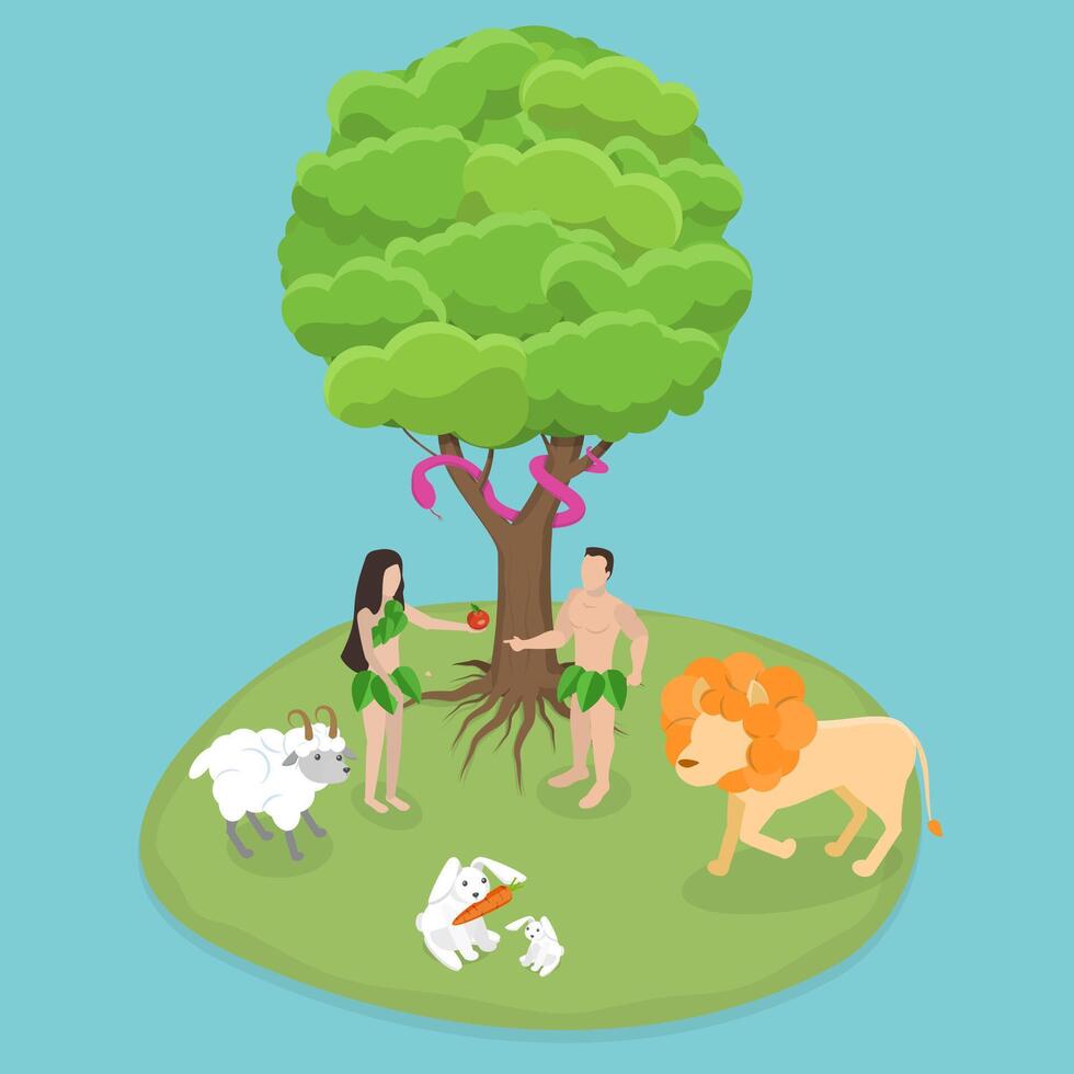 3D Isometric Flat Conceptual Illustration of Garden Of Eden, Bible Myth of Adam and Eve vector