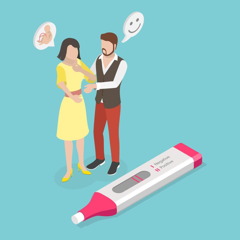 3D Isometric Flat Conceptual Illustration of Positive Pregnant Test, Expecting for Baby vector