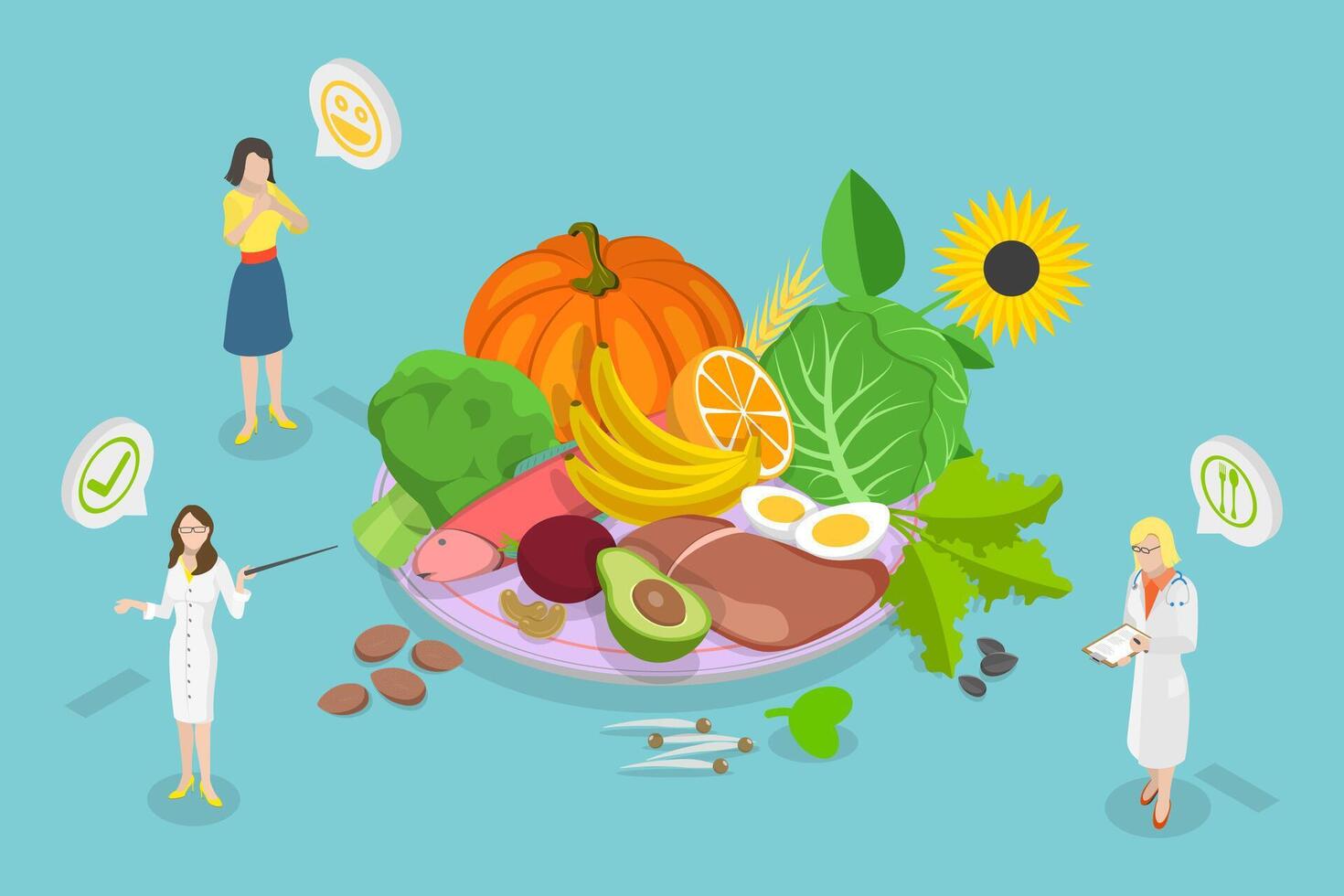 3D Isometric Flat Conceptual Illustration of Folate B9 Vitamin Sources, Folic Acid vector