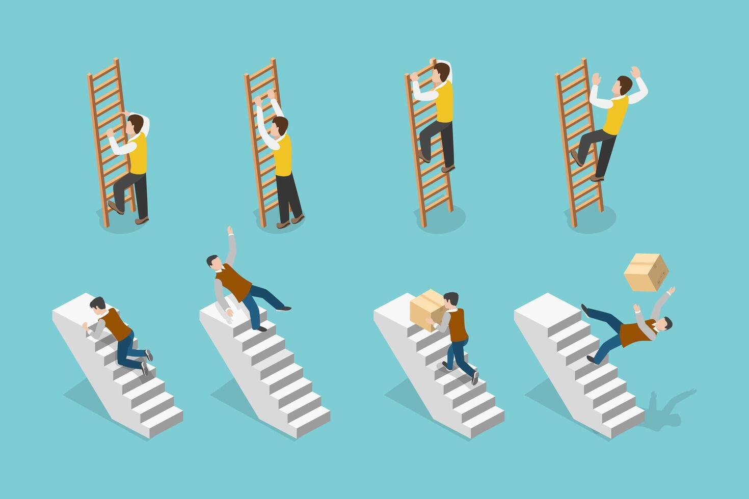 3D Isometric Flat Conceptual Illustration of Climbing Staircase and Ladder, Failure, Misfortune or Fiasco vector