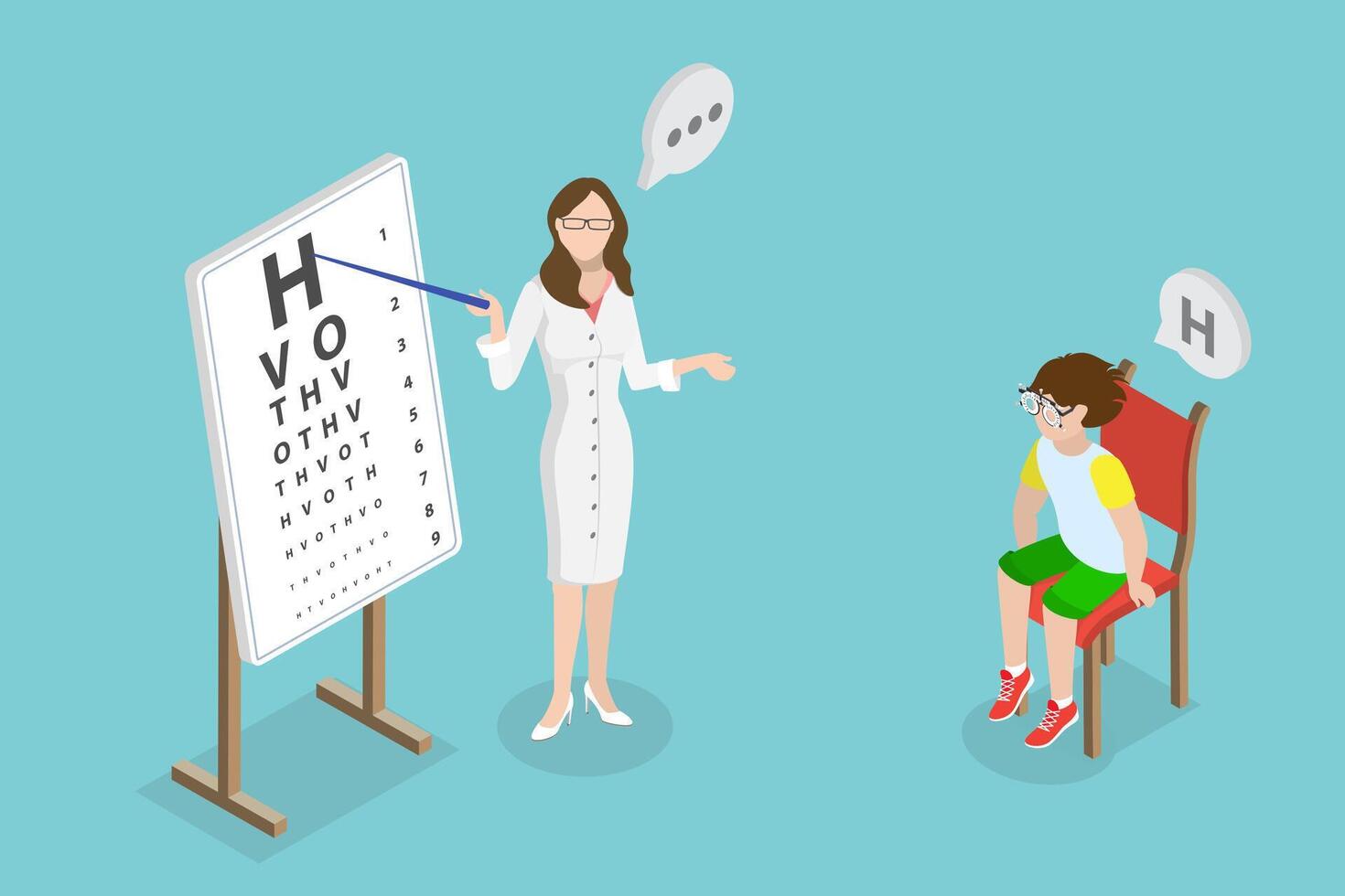 3D Isometric Flat Conceptual Illustration of Kids Myopia, Eyes Examination or Checkup vector