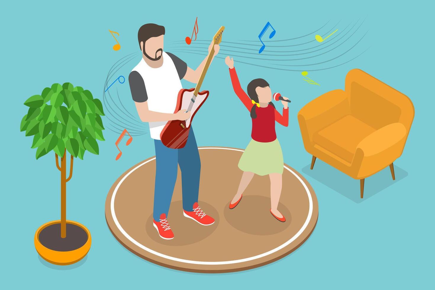 3D Isometric Flat Conceptual Illustration of Family Concert, Father and Son Playing Music and Singing together vector