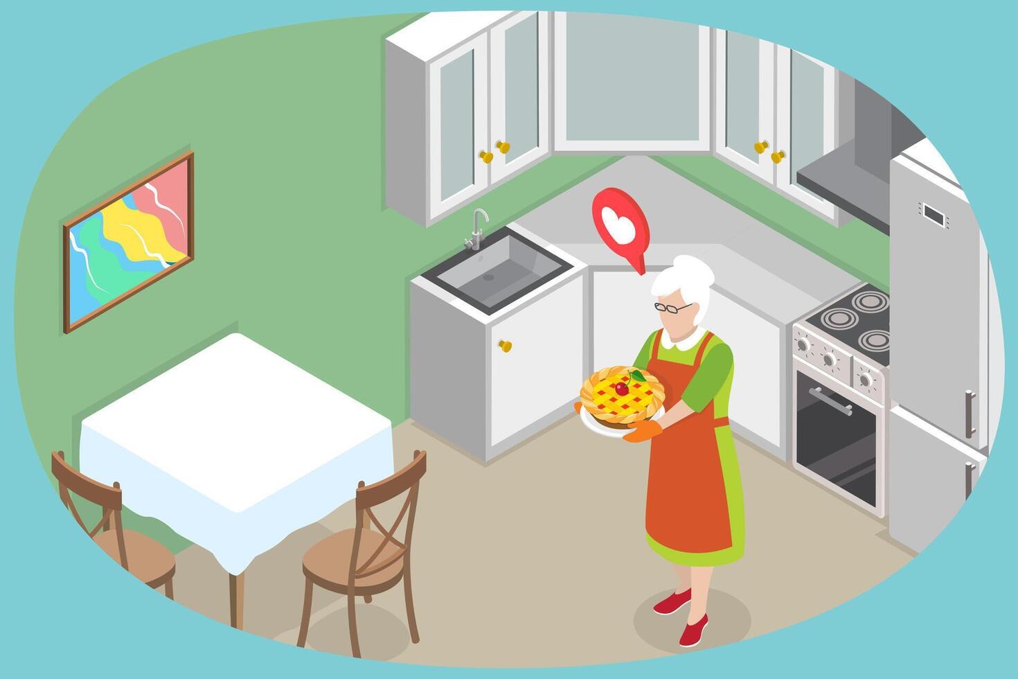 3D Isometric Flat Conceptual Illustration of Grandma With Cake, Home Made Pie vector