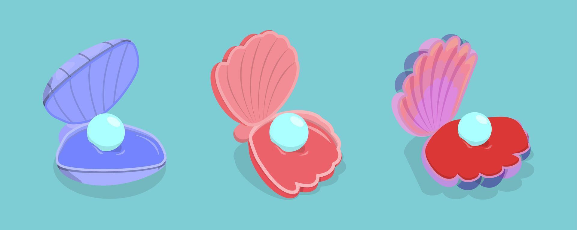 3D Isometric Flat Set of Pearl Shells, Open Seashell Scallops vector