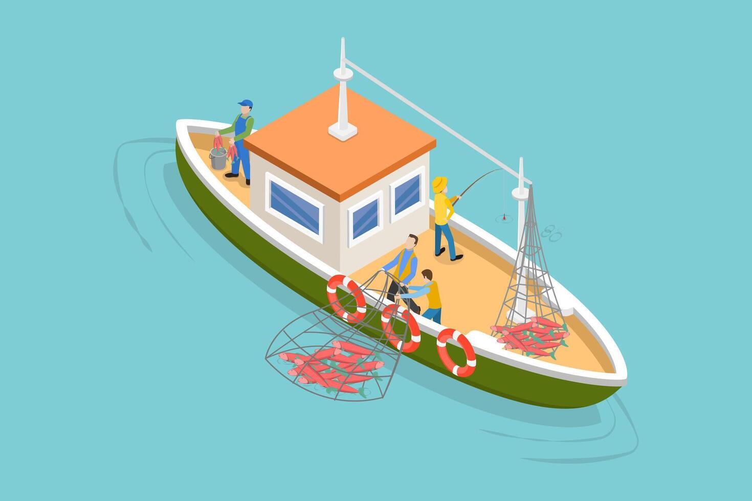 3D Isometric Flat Conceptual Illustration of Commercial Fishery, Fishing Ship with Full Fish Net vector