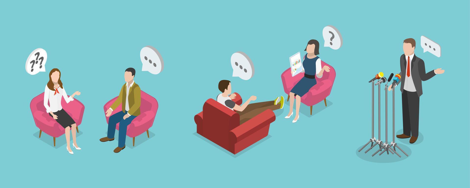 3D Isometric Flat Conceptual Illustration of TV Interview, Celebrity Guest Talking vector