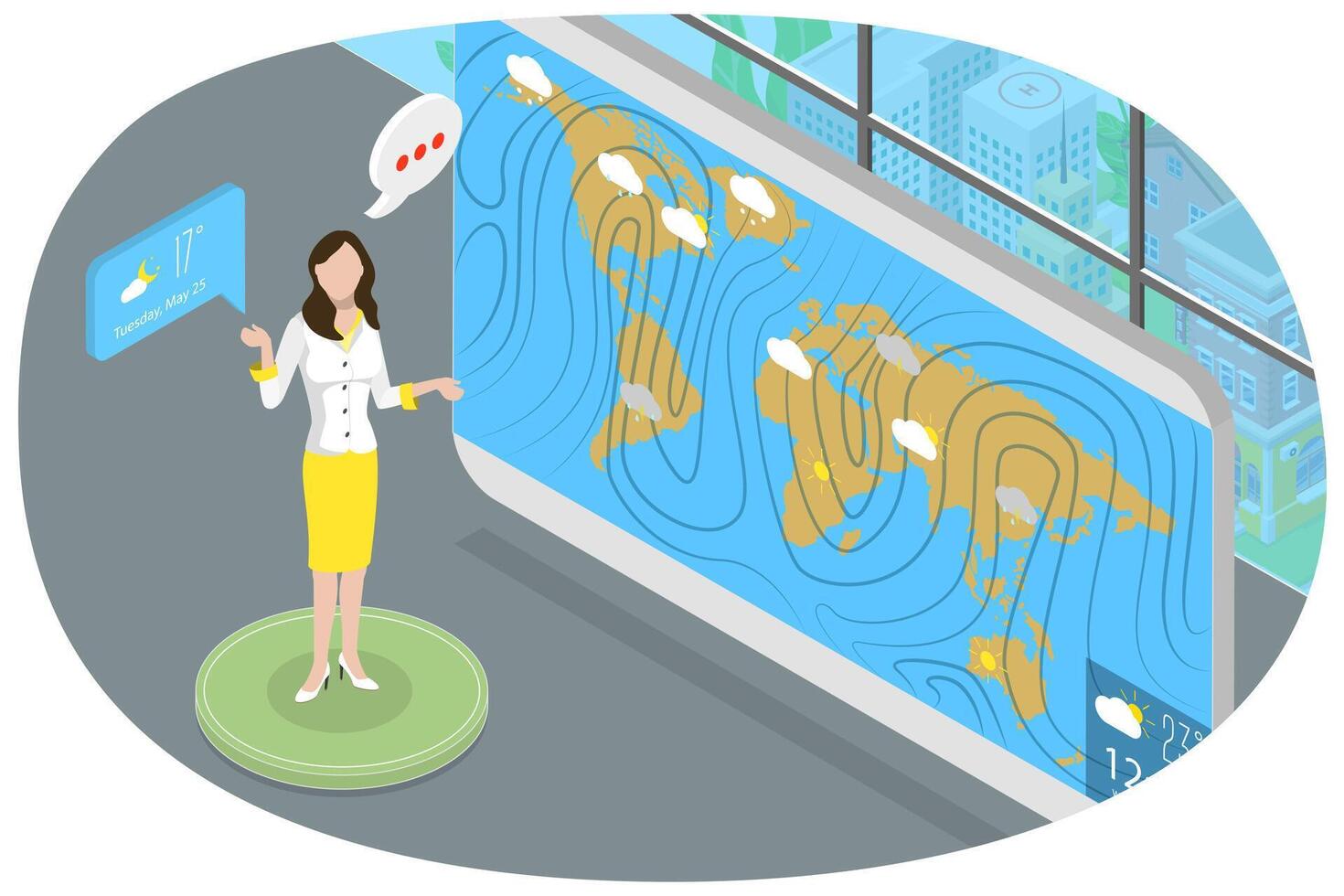 3D Isometric Flat Conceptual Illustration of Weather Forecast, Meteorology Reporter on the Television vector