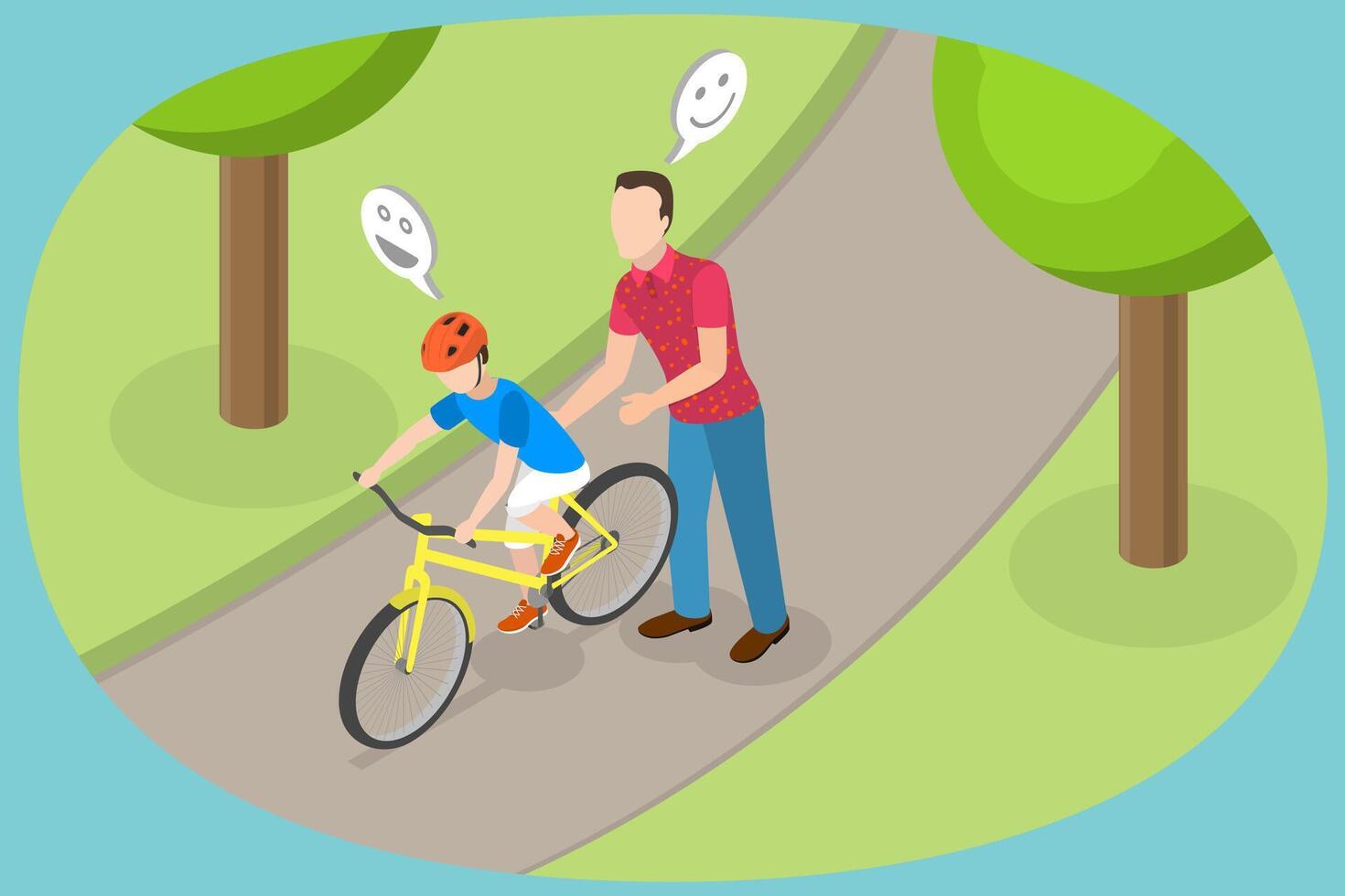 3D Isometric Flat Conceptual Illustration of Kid Learn Cycling, Recreational Outdoor Activities vector