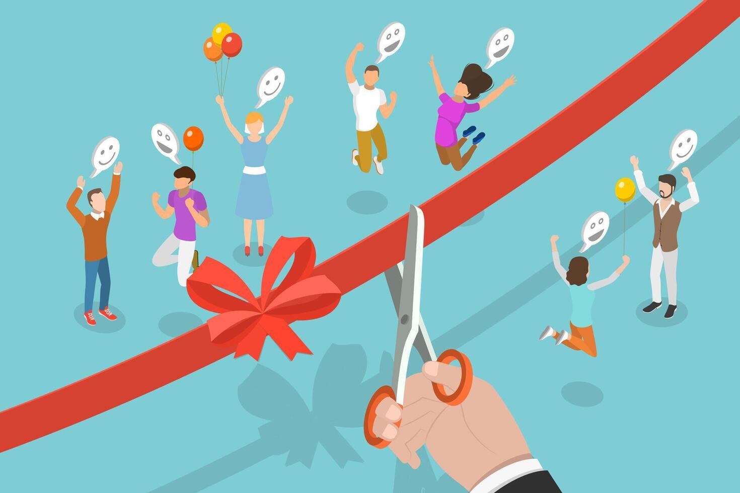 3D Isometric Flat Conceptual Illustration of Ribbon Cutting Ceremony, Grand Opening vector