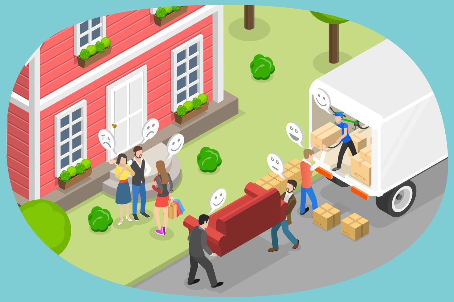 3D Isometric Flat Conceptual Illustration of Relocation, Moving into New House vector