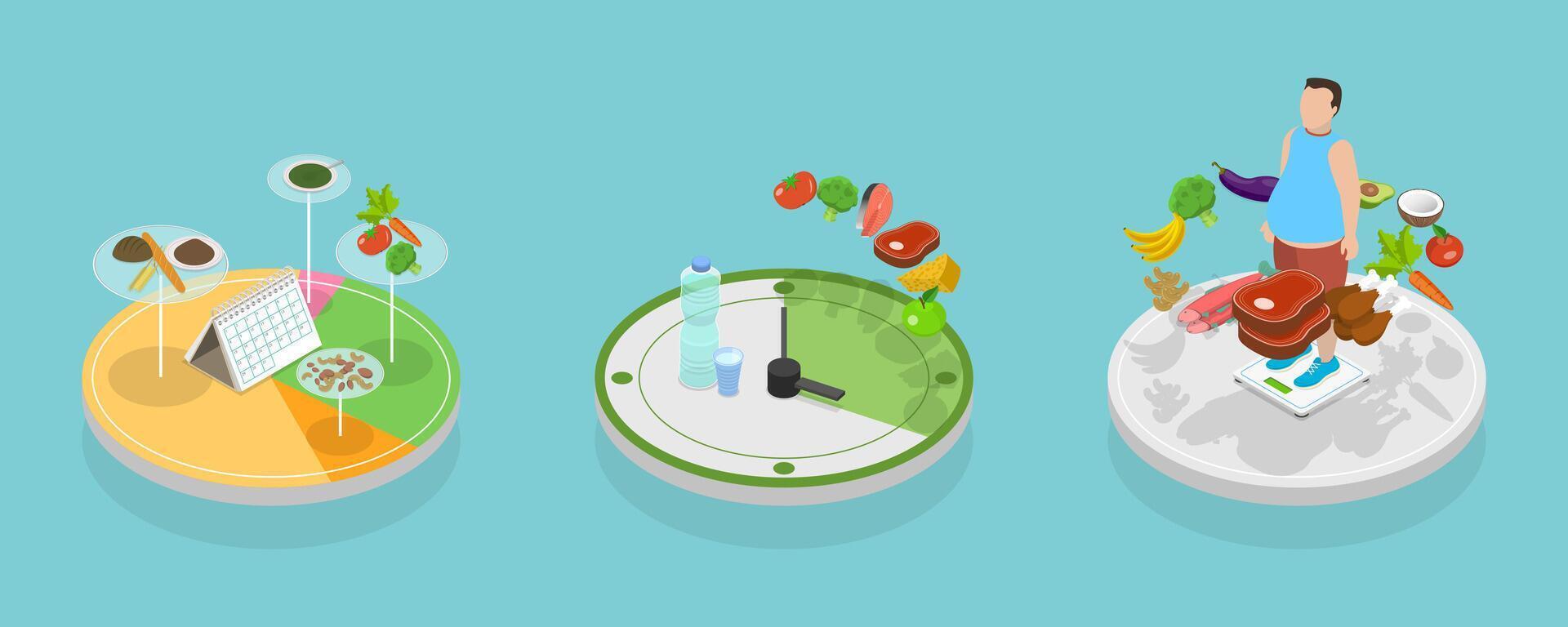 3D Isometric Flat Set of Diet Types, Nutrition Plans vector