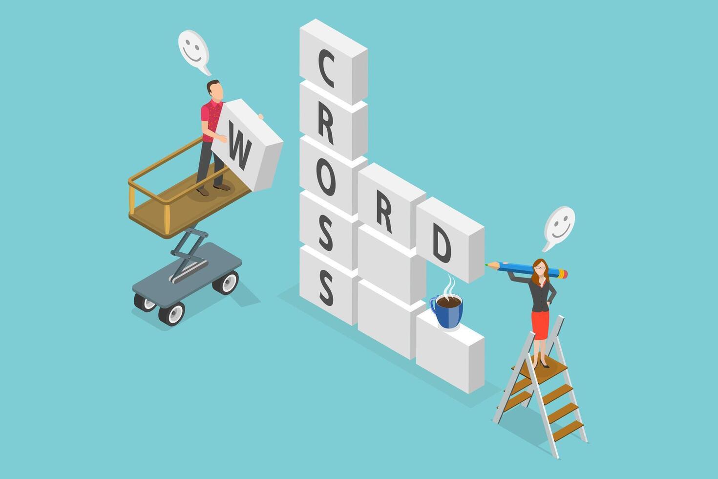 3D Isometric Flat Conceptual Illustration of Crossword, Word Puzzle Solving vector