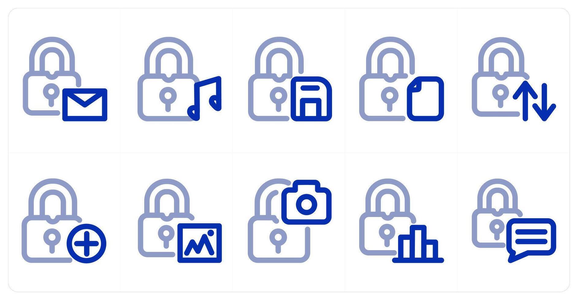A set of 10 micro icons as lock message, lock music, lock drive vector