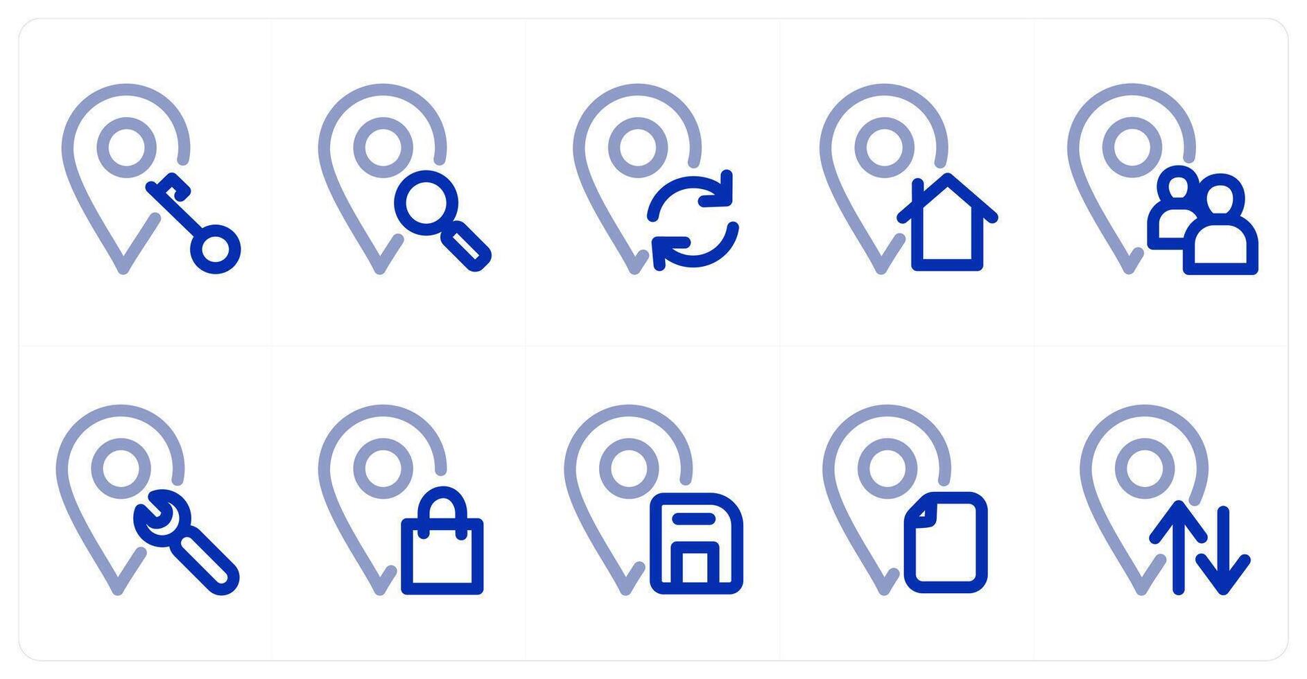 A set of 10 micro icons as key location, search location, refresh location vector