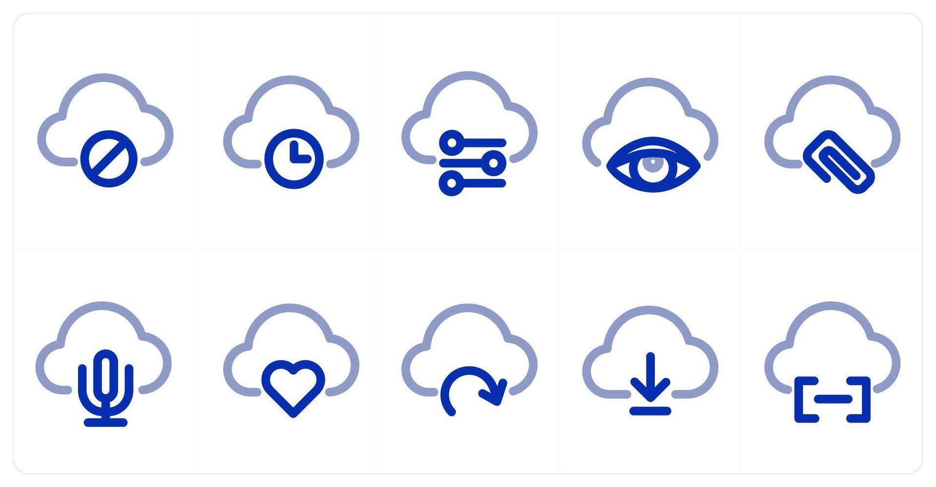 A set of 10 micro icons as cloud prohibited, cloud time, cloud equalizer vector
