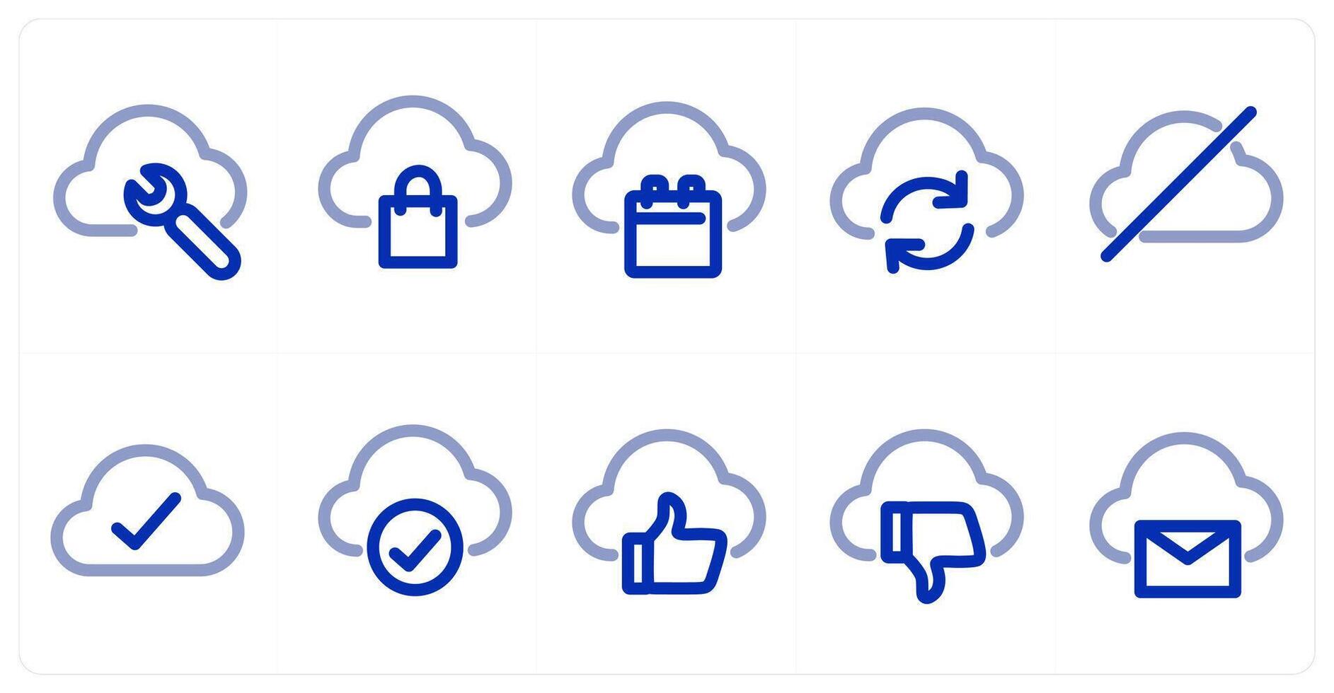 A set of 10 micro icons as cloud maintenance, cloud shopping, cloud calendar vector