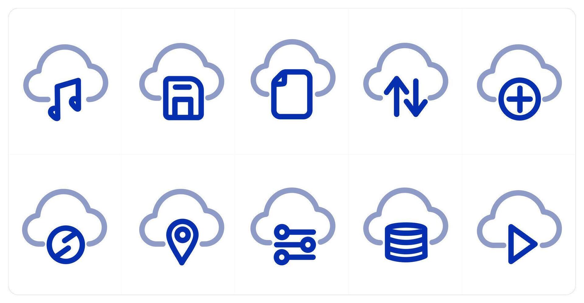 A set of 10 micro icons as cloud music, cloud disk, cloud folde vector