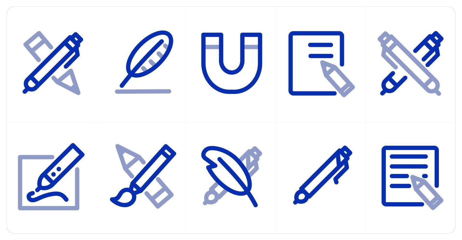 A set of 10 micro icons as stationery item, feather, magnet vector
