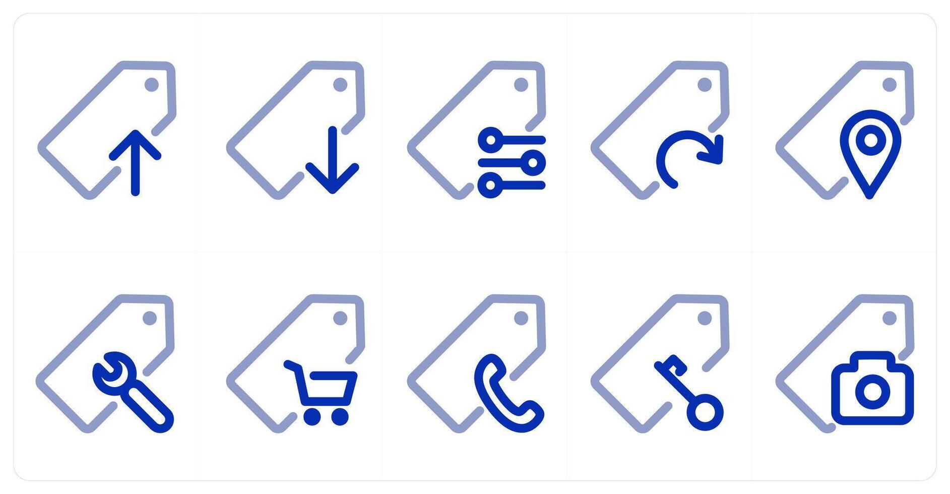 A set of 10 micro icons as upload tag, download tag, tag, refresh tag vector