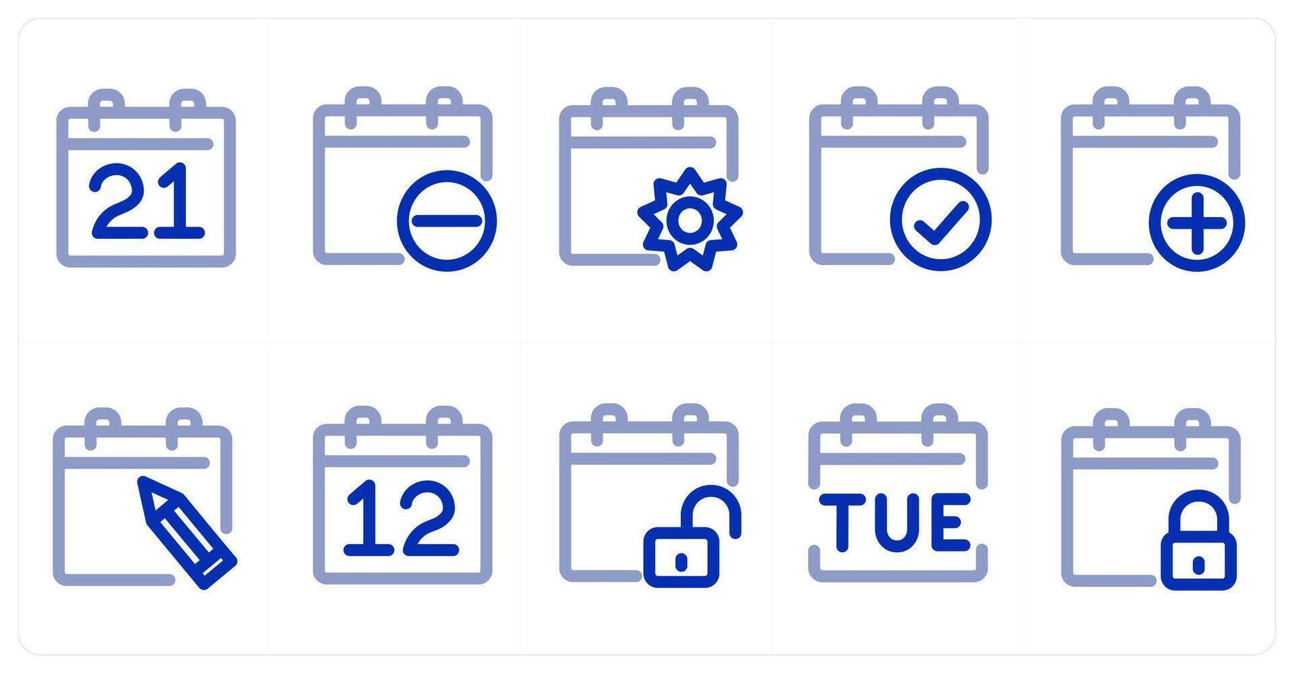 A set of 10 micro icons as calendar, remove calendar, setting calendar vector