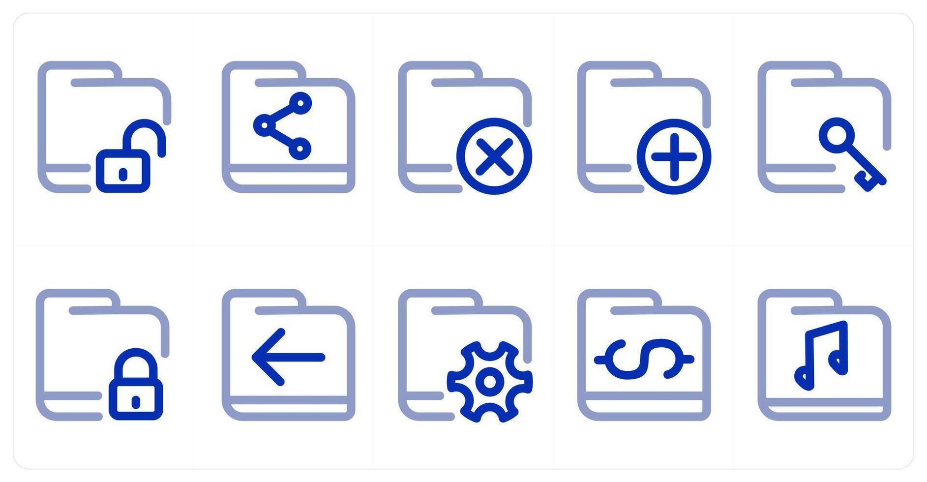 A set of 10 micro icons as unlock folder, share folder, wrong folder vector