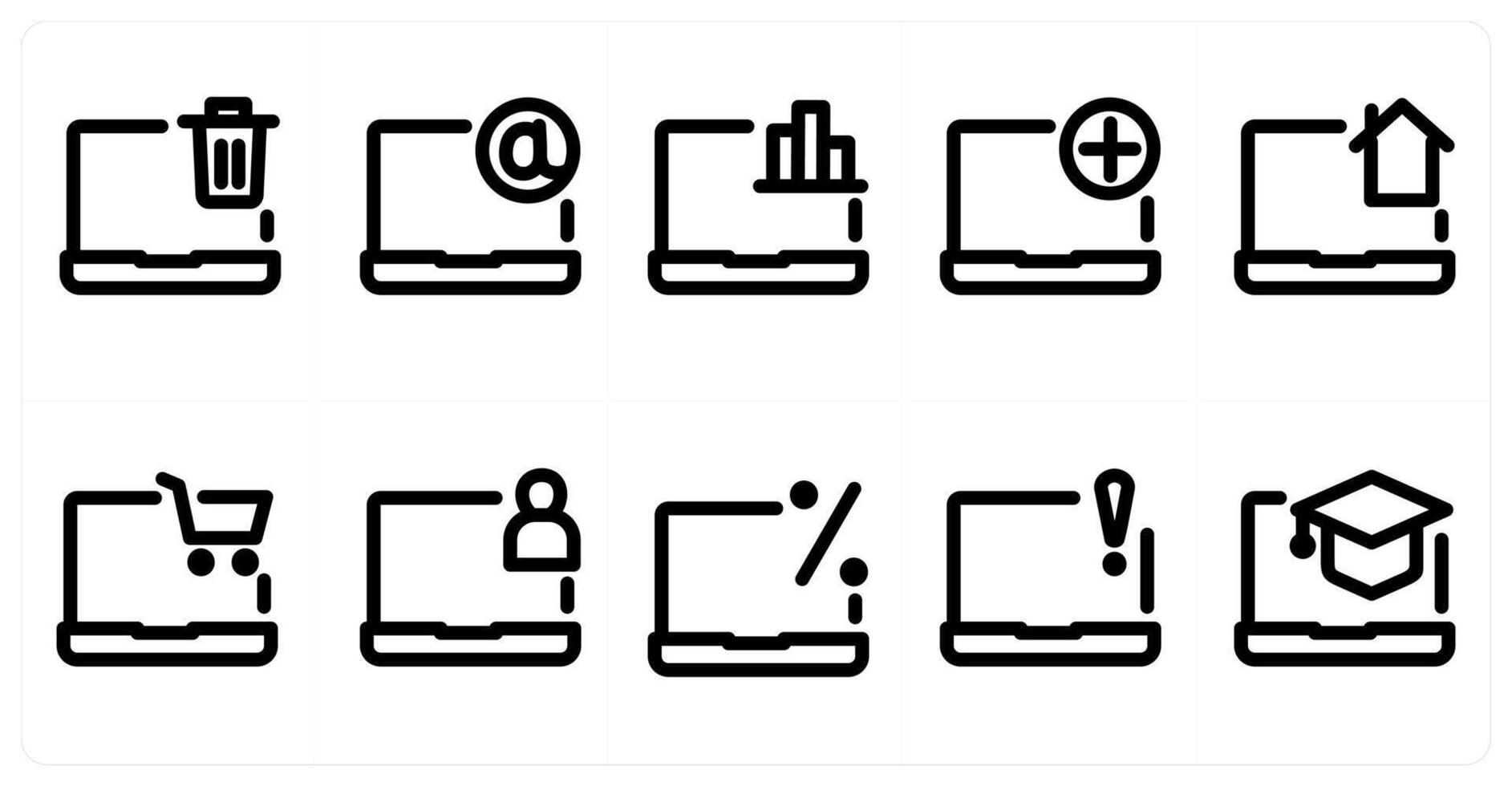 Set of 10 micro icons as laptop delete, laptop, add laptop vector