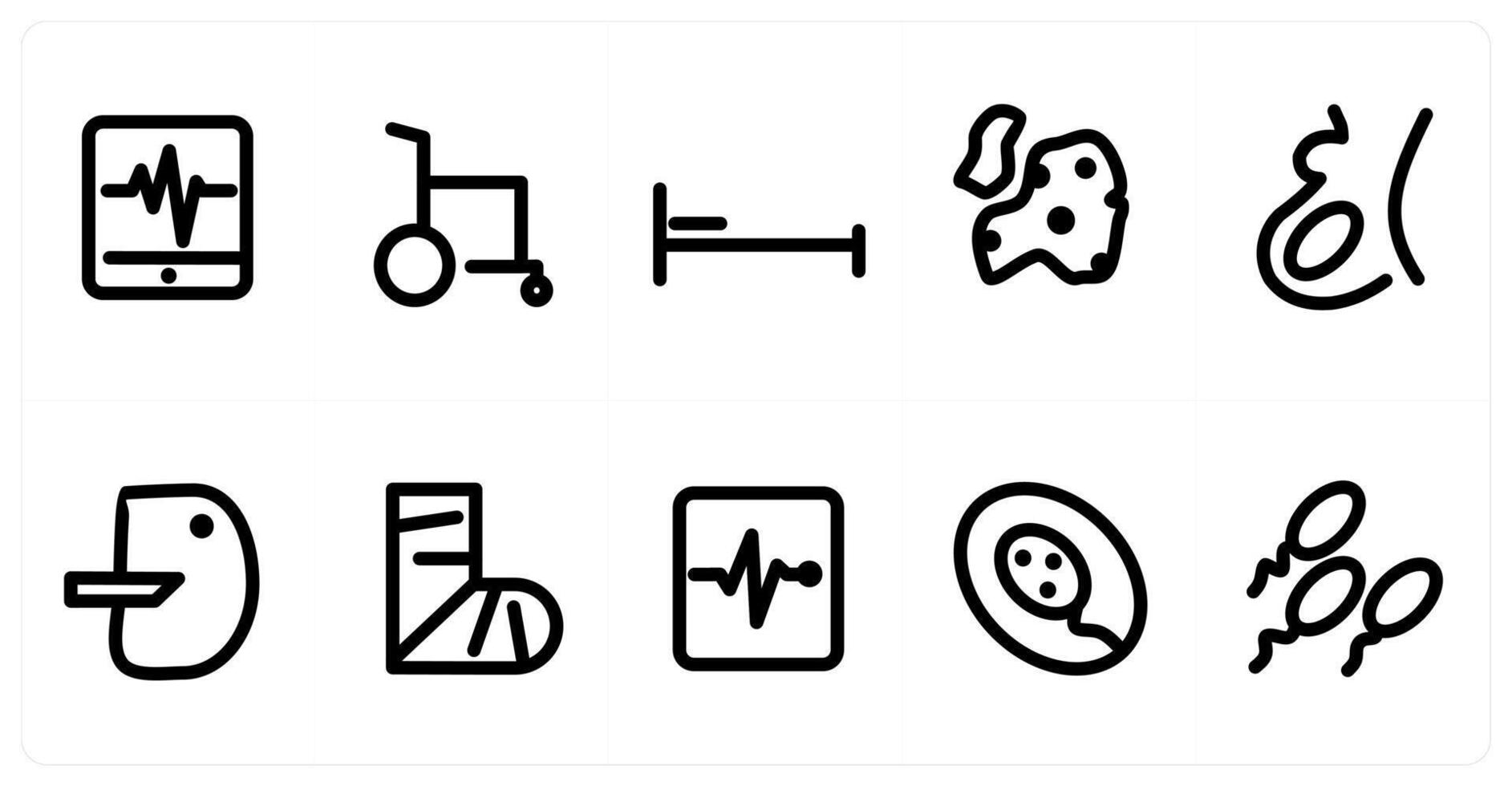 Set of 10 micro icons as heart beat, wheel chair, stretcher vector